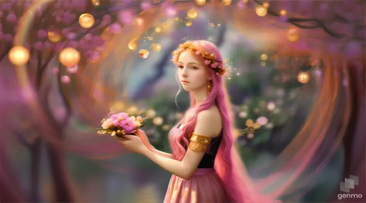 The image depicts a character with their face blurred, surrounded by a serene and mystical environment. The character has long, flowing pink hair adorned with flowers and wears intricate golden jewelry. horizontal image