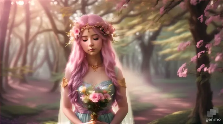 The image depicts a character with their face blurred, surrounded by a serene and mystical environment. The character has long, flowing pink hair adorned with flowers and wears intricate golden jewelry. horizontal image