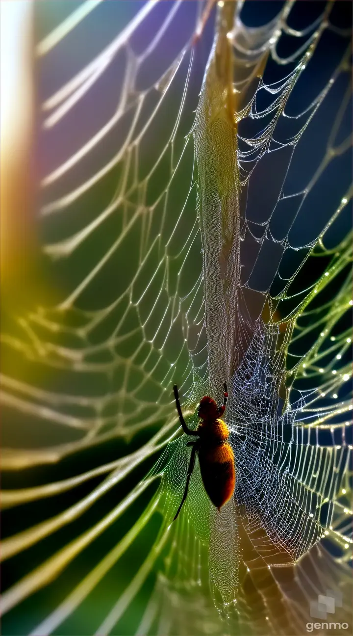 Close-up of a spider meticulously spinning its intricate web, glistening with morning dew.
