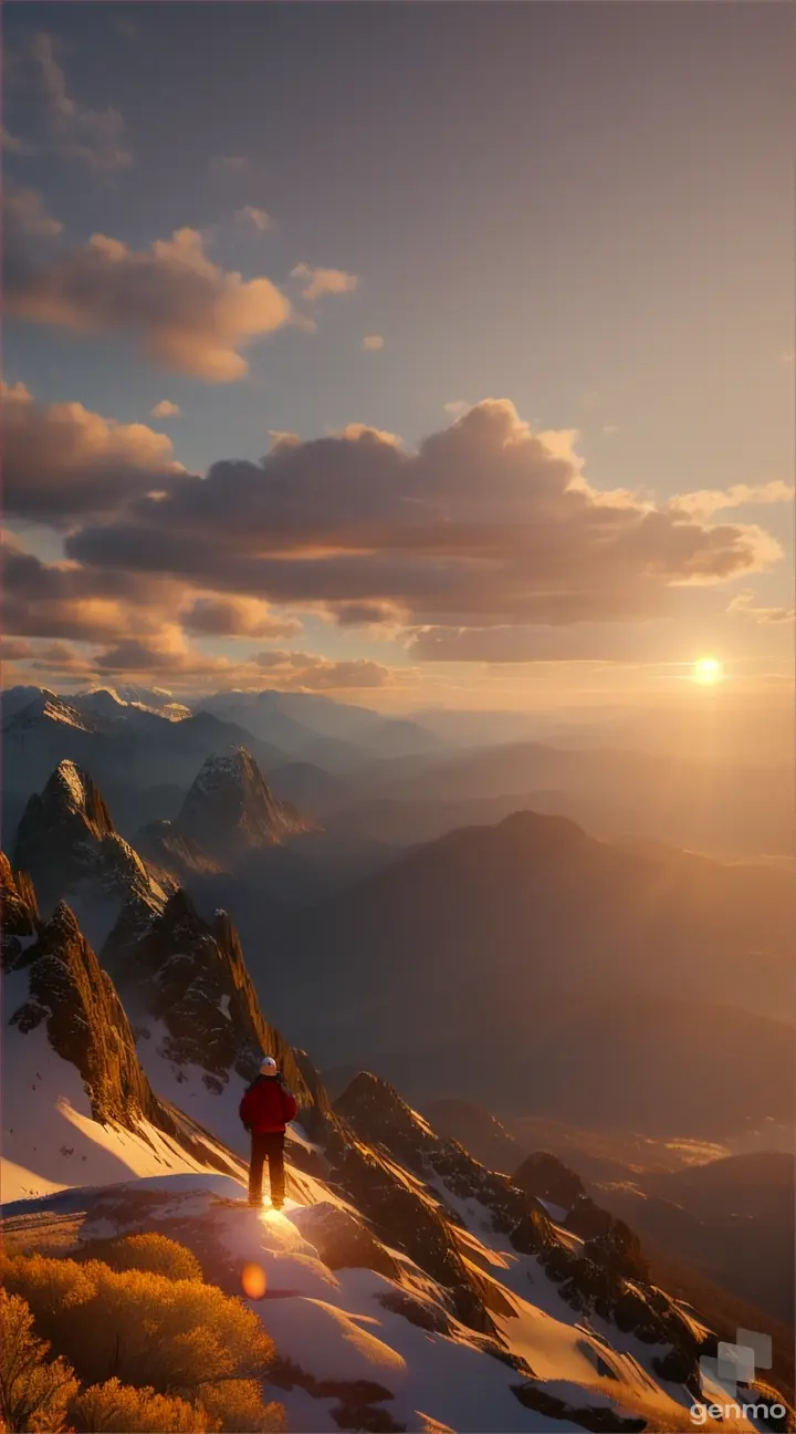 A gorgeous sunset rises against the backdrop of the summit.
A climbing figure reaches the summit and stands with his hands spread wide.
Satisfaction and joy shine on the person's face.
The light of the sunset surrounds hikers, creating a warm atmosphere.
You can feel the gentle sound of the wind and the silence of the mountains around you.

3d style animation 9:16