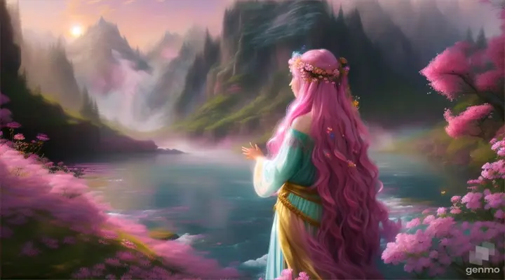 The image depicts a character with their face blurred, surrounded by a serene and mystical environment. The character has long, flowing pink hair adorned with flowers and wears intricate golden jewelry. horizontal image