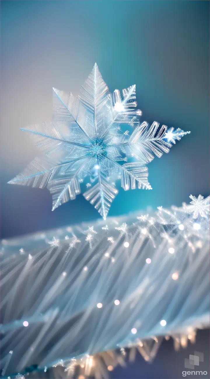 Close-up of a delicate snowflake landing on a frost-covered window, its intricate crystalline structure mesmerizing to behold.
