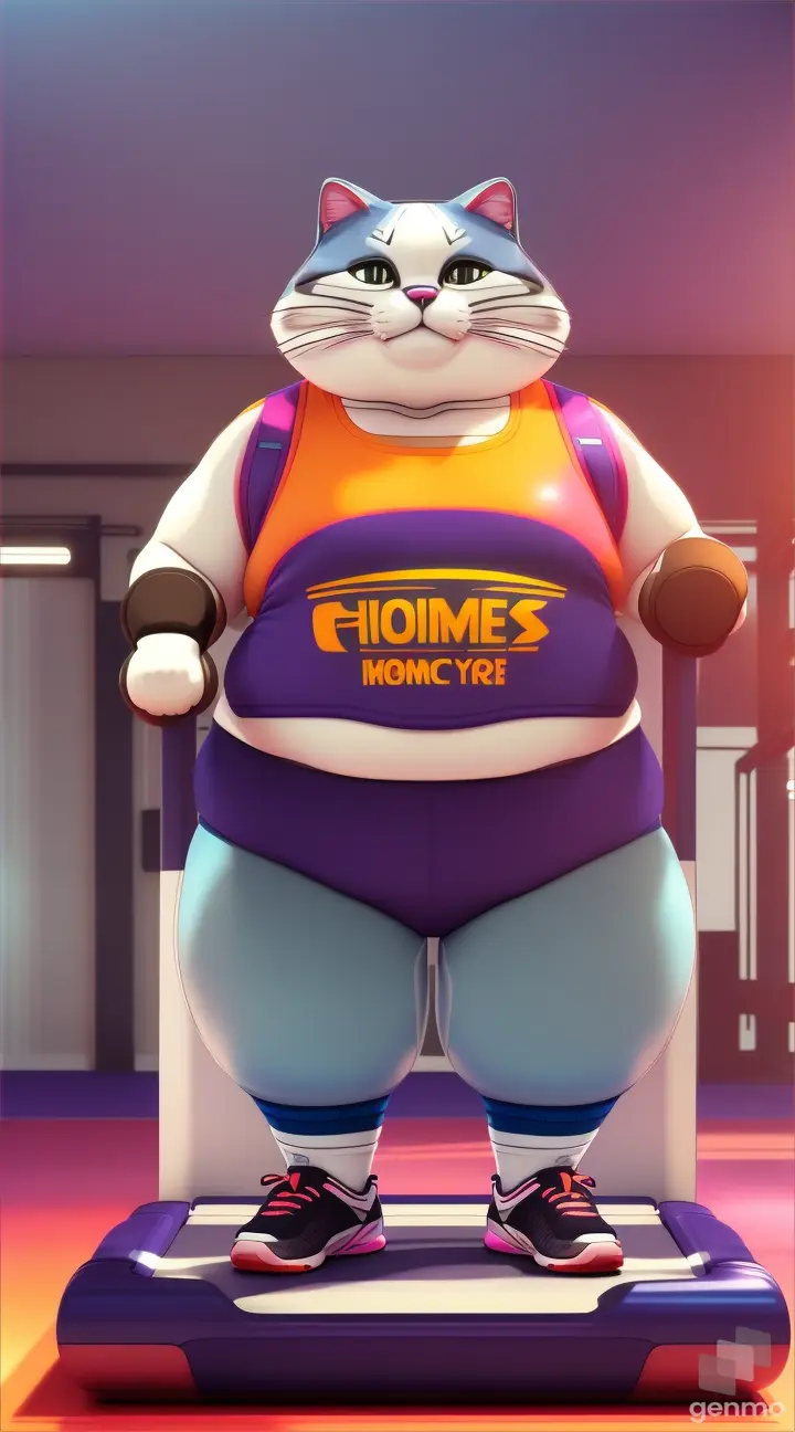 is a cute anthropomorphic overweight cat working out in a gym and wearing sportswear. The word "gym" is written on her sports top. The word "Fitness" is written in bold Perspex font on the top.