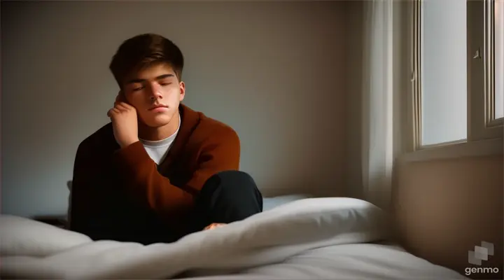 a young man is sitting on the bed in his room with one hand on his chest, closing his eyes and thinking about something.