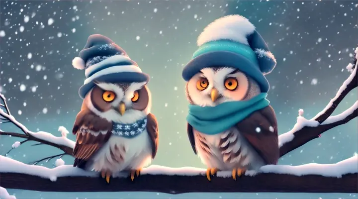 A cute owl cartoon with a scarf and hat sitting on a tree branch in a snowy night with snowflakes falling around it