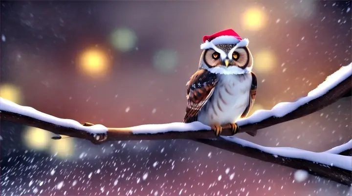 A cute owl cartoon with a scarf and hat sitting on a tree branch in a snowy night with snowflakes falling around it