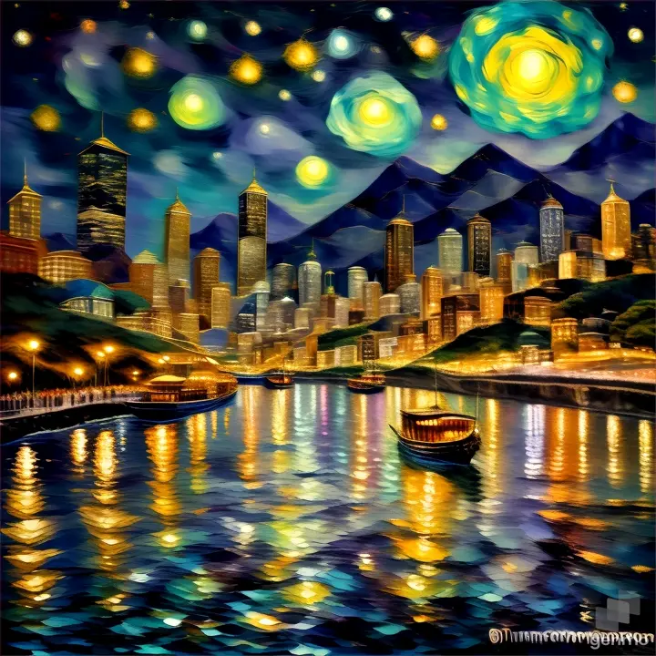 At night in the city, the sky is full of bright stars, the stars are reflected on the river, and there is a boat in the river