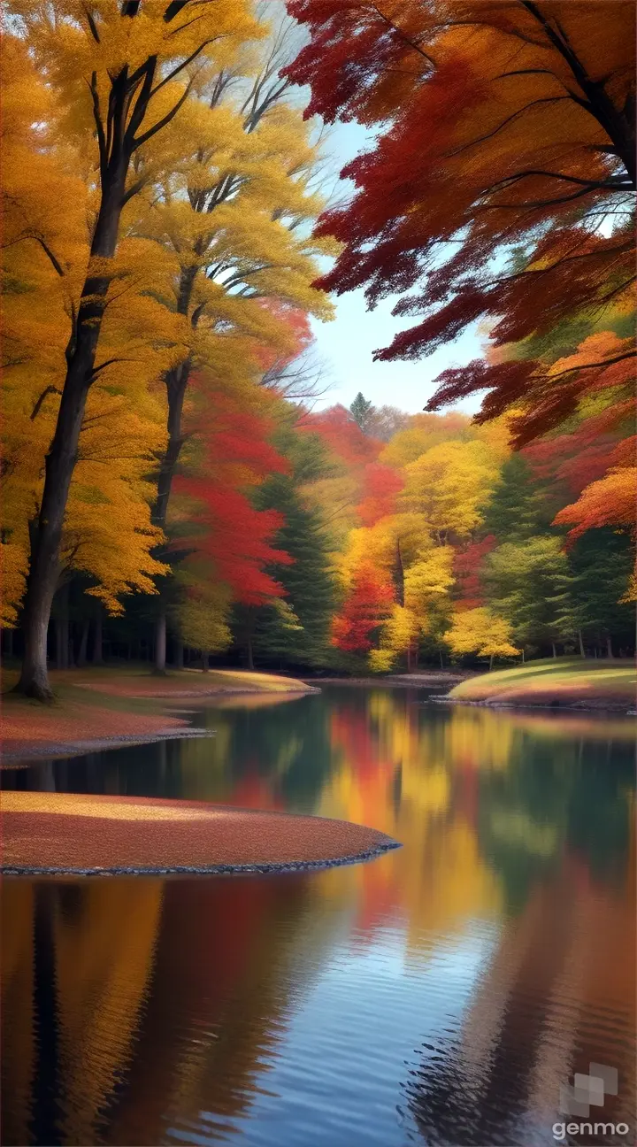 A tranquil pond reflecting the vibrant colors of autumn foliage that surrounds it.
