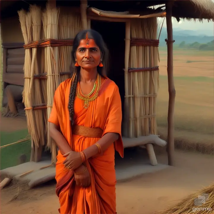 a hut made out of sticks and grass,  Indian sadhu Mahila Orange colour dress