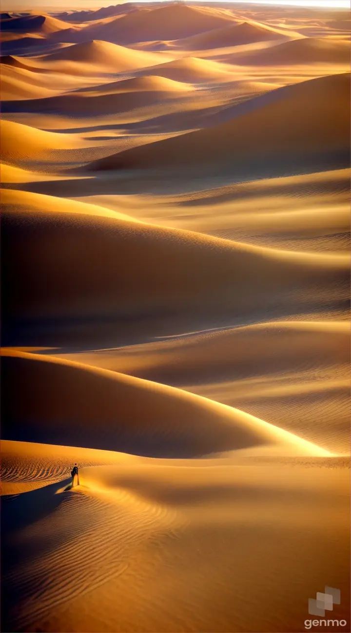 A serene desert landscape bathed in the warm glow of the setting sun, with sand dunes sculpted by the wind.
