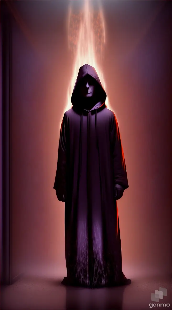 Photorealistic depiction of a hooded figure in a haunted corridor, illuminated by the soft glow of jack-o'-lanterns. The figure's luminescent robes flow eerily, transitioning into ethereal wisps of orange and deep purple. Bats flutter around, and the distant sound of echoing laughter hints at the Halloween theme. The setting is both mystical and chilling.