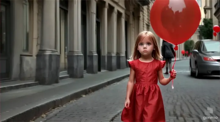 a little girl in a red dress walking on the street holding a red balloon