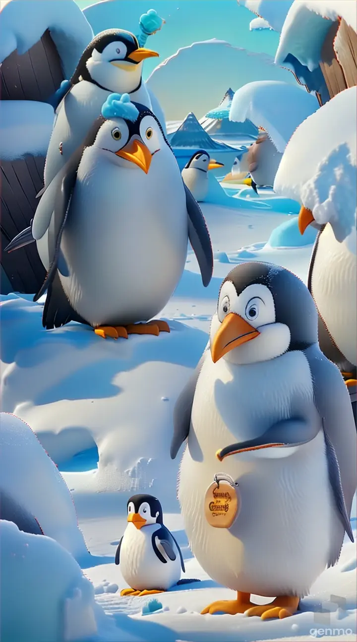 a group of  cartoon penguins standing on top of a snow covered ground