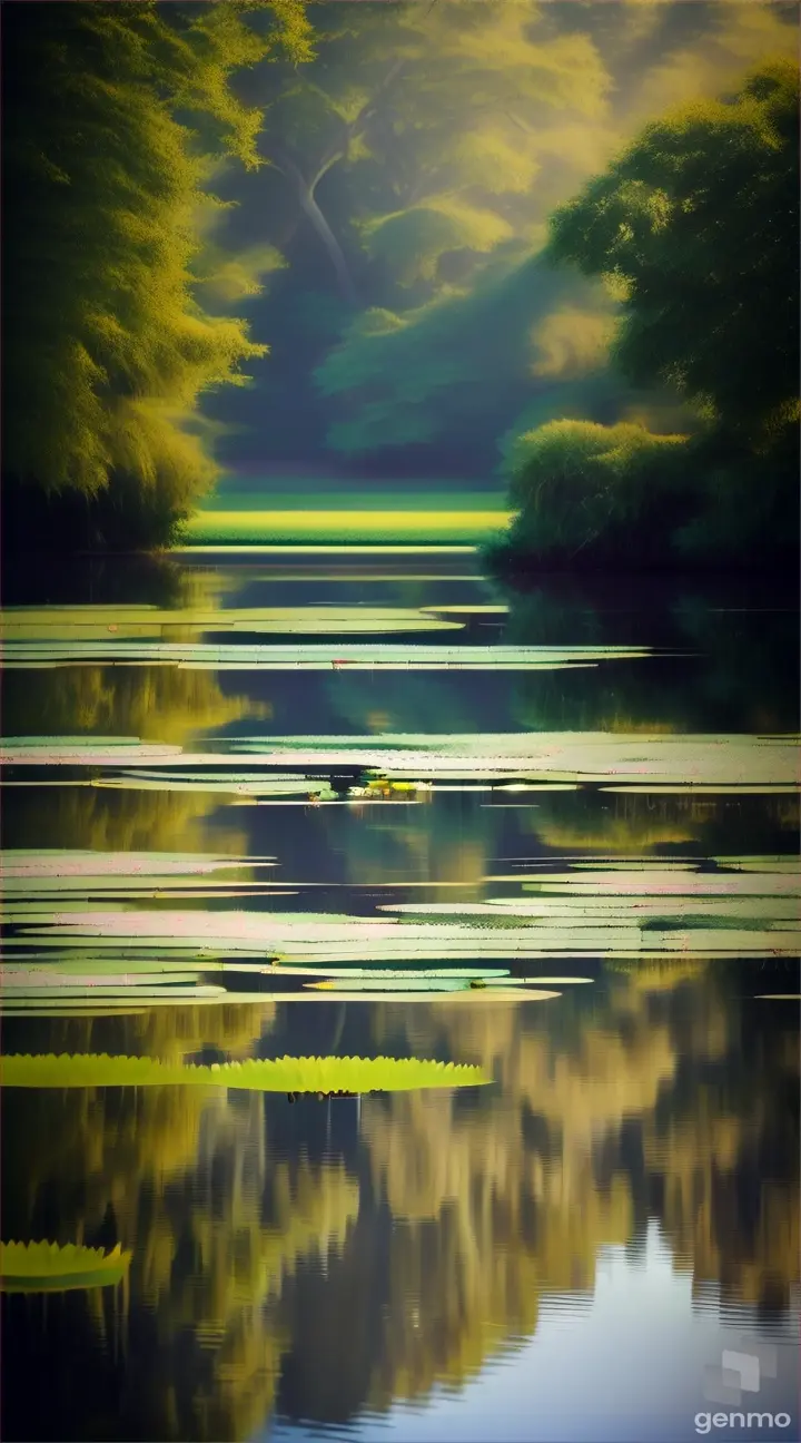 A tranquil pond adorned with lily pads and inhabited by a chorus of croaking frogs.
