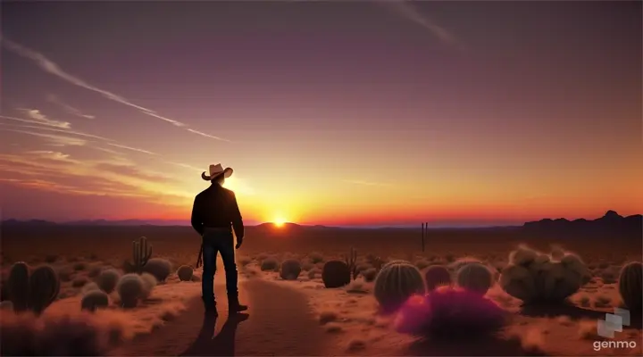 A cowboy man silhouetted against a stunning desert sunset