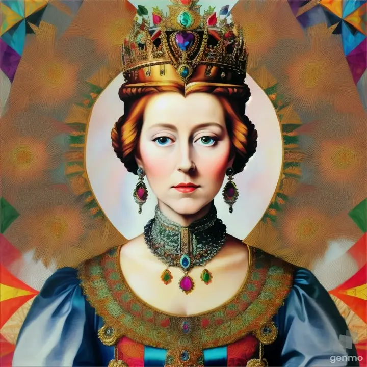 A multifaceted portrait of Queen Elisabeth I, rendered in a crystalline, kaleidoscopic style