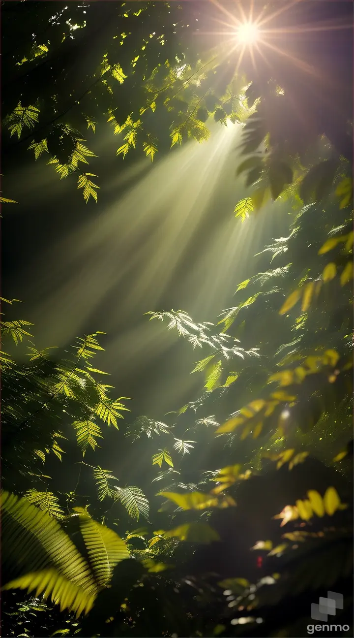 Close-up of sunlight filtering through the leaves of a dense jungle canopy, illuminating the forest floor in a golden glow.
