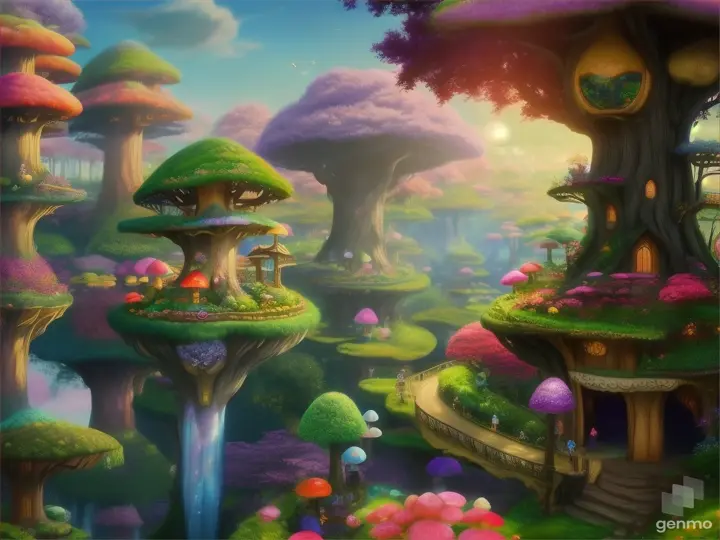 fairy-world-flowers-trees-trees-mushrooms-birds