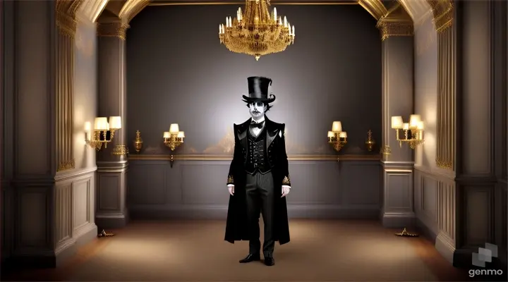 An insidious demon with horns, in a top hat and tailcoat, with pince-nez, winks slyly, he stands in front of several ancient hellish and antique mirrors, the surface of the mirrors fluctuates and changes.
