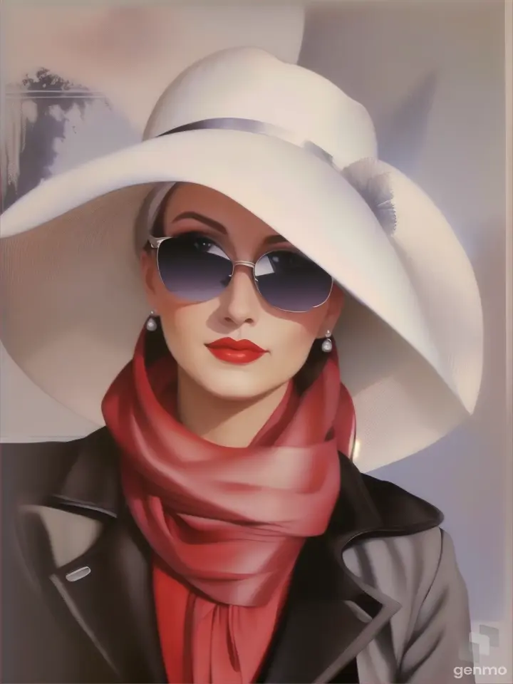 a painting of a woman wearing a white hat and sunglasses