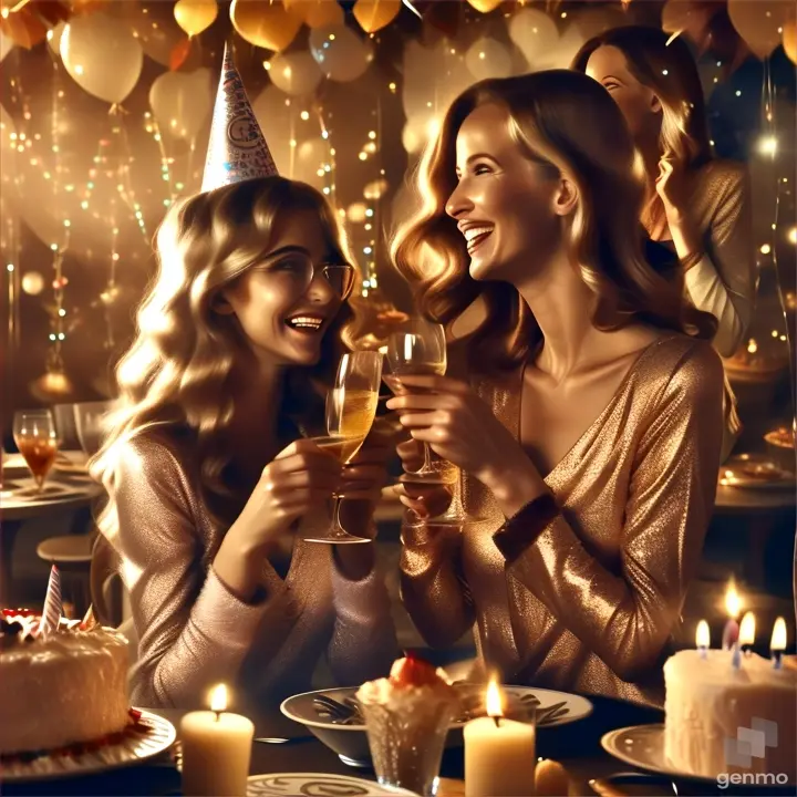 a couple of women sitting at a table, toasting with glasses to celebrate a birthday,