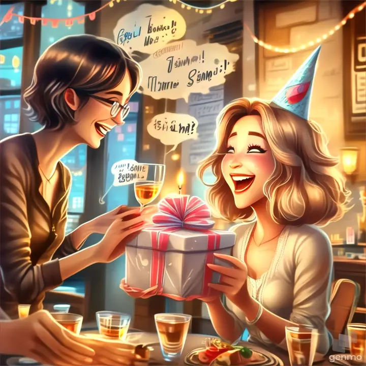  two woman sitting at a table, toasting with glasses to celebrate a birthday,