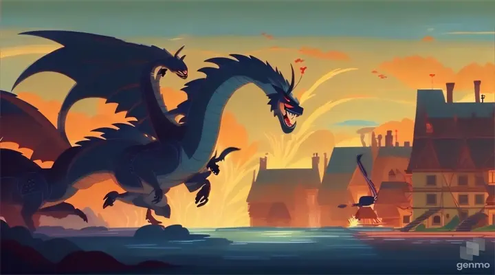 cartoon, art, painting, mythical creature, sky, extinction, illustration, fictional character, building, wing