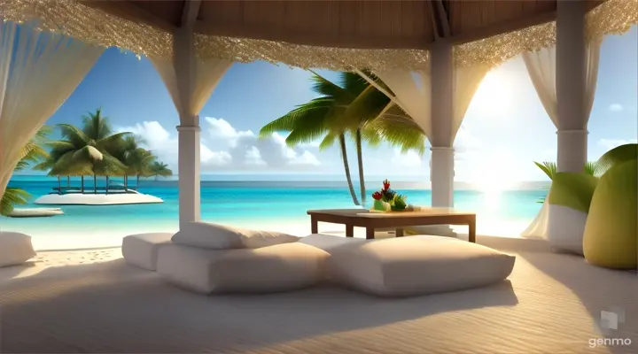 A stunningly realistic photograph of a tropical paradise in the Maldives. The snow-white sandy beach is framed by a crystal-clear ocean with gentle waves lapping at the shore. From a premium relaxation area, a soft bed adorned with plush pillows is situated beneath a canopy made of palm leaves. A small table nearby holds a refreshing cocktail and an assortment of luscious fruits. Heart-shaped candles and luminescent bio fireflies illuminate the scene, casting a warm and inviting glow. The peaceful atmosphere of calm and relaxation is palpable in this idyllic beach holiday setting