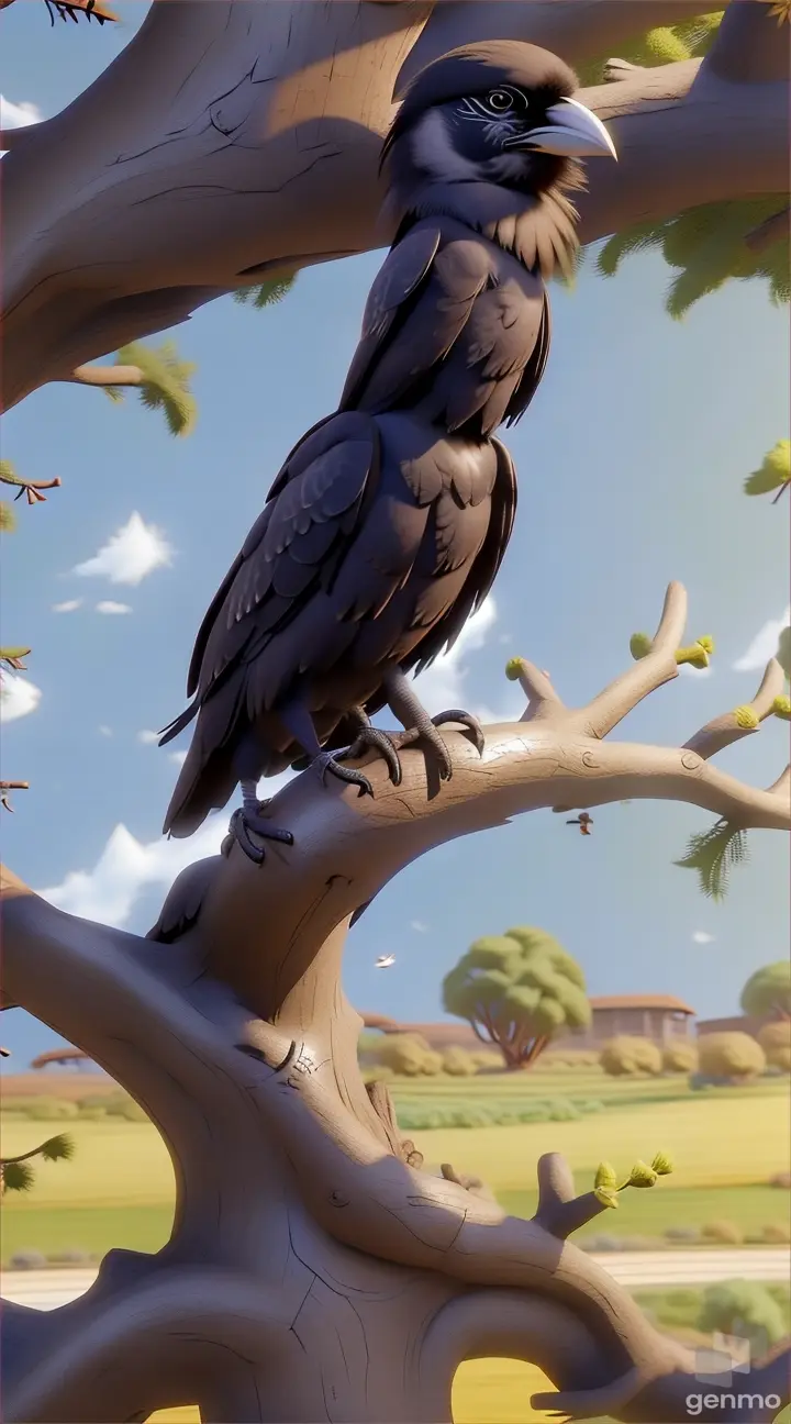 a crow sitting on top of a tree branch in a very hot day and quite feel distress