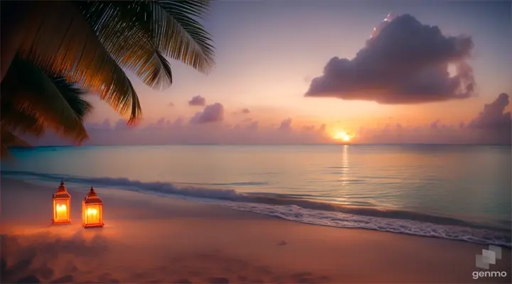 A stunningly realistic photograph of a tropical paradise in the Maldives. The snow-white sandy beach is framed by a crystal-clear ocean with gentle waves lapping at the shore. From a premium relaxation area, a soft bed adorned with plush pillows is situated beneath a canopy made of palm leaves. A small table nearby holds a refreshing cocktail and an assortment of luscious fruits. Heart-shaped candles and luminescent bio fireflies illuminate the scene, casting a warm and inviting glow. The peaceful atmosphere of calm and relaxation is palpable in this idyllic beach holiday setting, evening, candles, relaxation, sunset