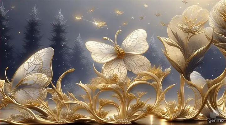 a painting of gold and white butterflies on a dark background