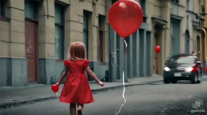 a little girl in a red dress walking down the street holding a red balloon