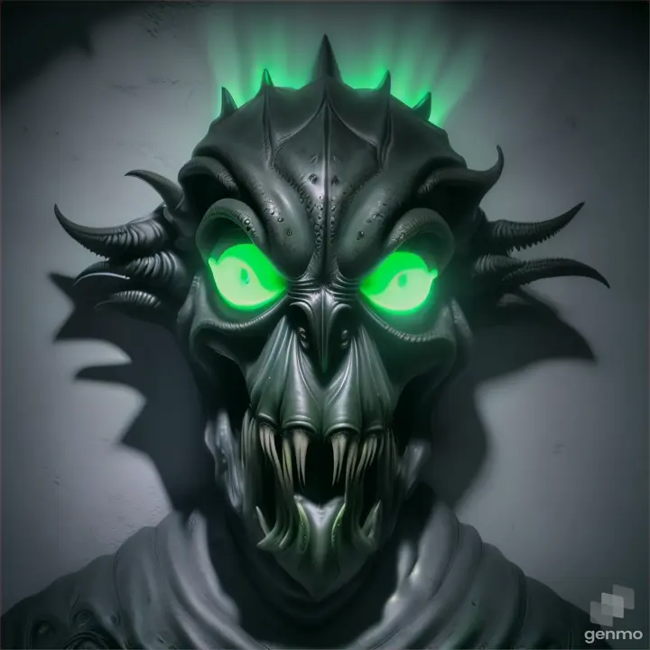 a scary unknown beasts head with green and black eyes hanging on a plain gray wall. make it creepy