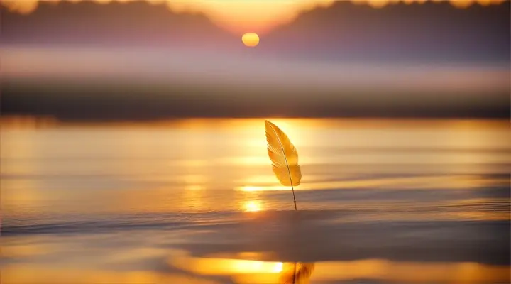 A delicate feather floating gently in front of a golden sunset with long, warm shadows