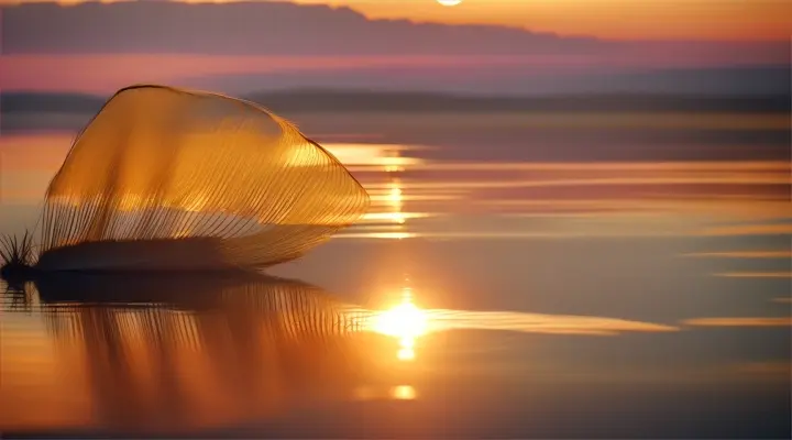 A delicate feather floating gently in front of a golden sunset with long, warm shadows