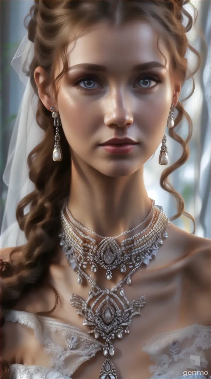 a woman in a wedding dress wearing a necklace and earrings