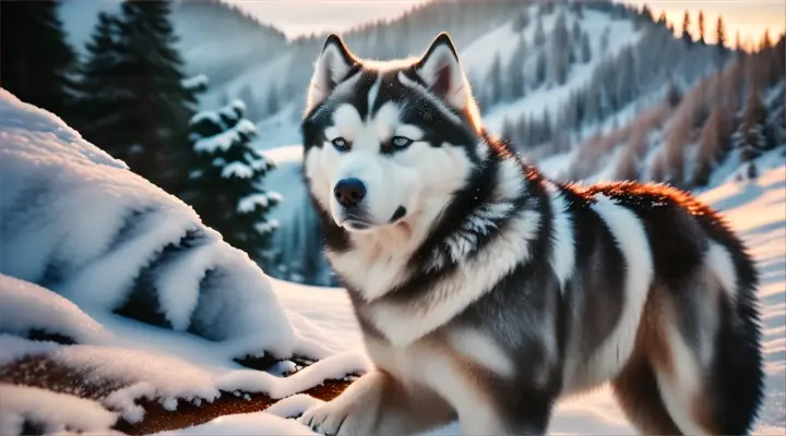 A cute, small Siberian husky amidst a stunning and snowy mountain landscape with pine trees and a frozen waterfall