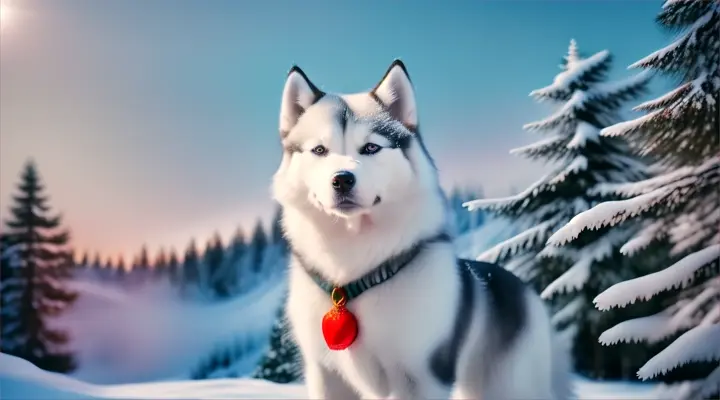 A cute, small Siberian husky amidst a stunning and snowy mountain landscape with pine trees and a frozen waterfall