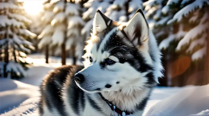 A cute, small Siberian husky amidst a stunning and snowy mountain landscape with pine trees and a frozen waterfall