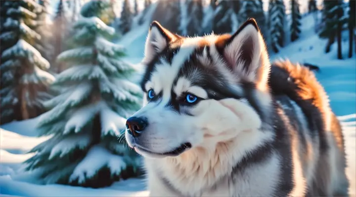 A cute, small Siberian husky amidst a stunning and snowy mountain landscape with pine trees and a frozen waterfall