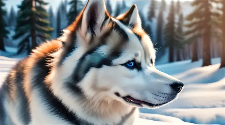 A cute, small Siberian husky amidst a stunning and snowy mountain landscape with pine trees and a frozen waterfall