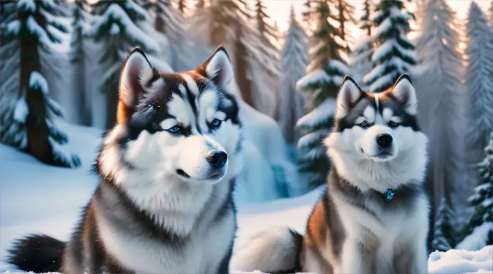A cute, small Siberian husky amidst a stunning and snowy mountain landscape with pine trees and a frozen waterfall