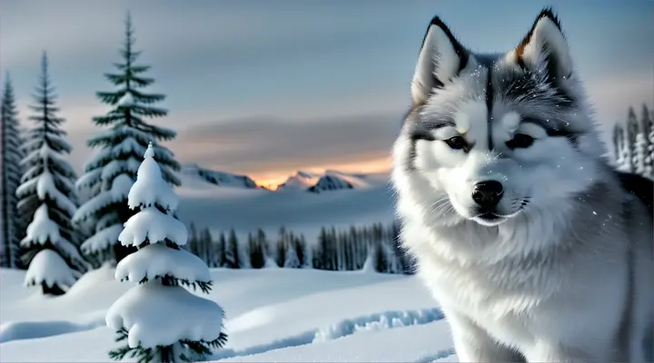 A cute, small Siberian husky amidst a stunning and snowy mountain landscape with pine trees and a frozen waterfall