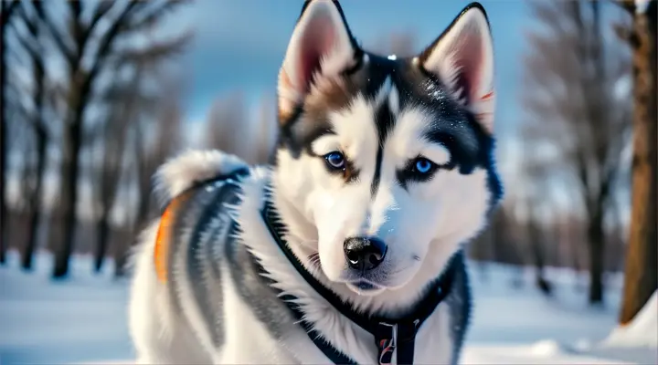 Cute small Siberian husky snow ski