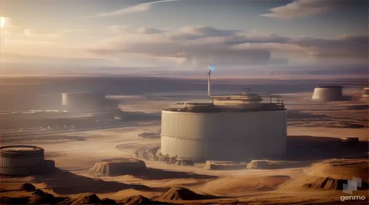 A barren landscape marked by smoking factories and a looming oil rig, blending into a hazy, polluted sky filled with greenhouse gases.