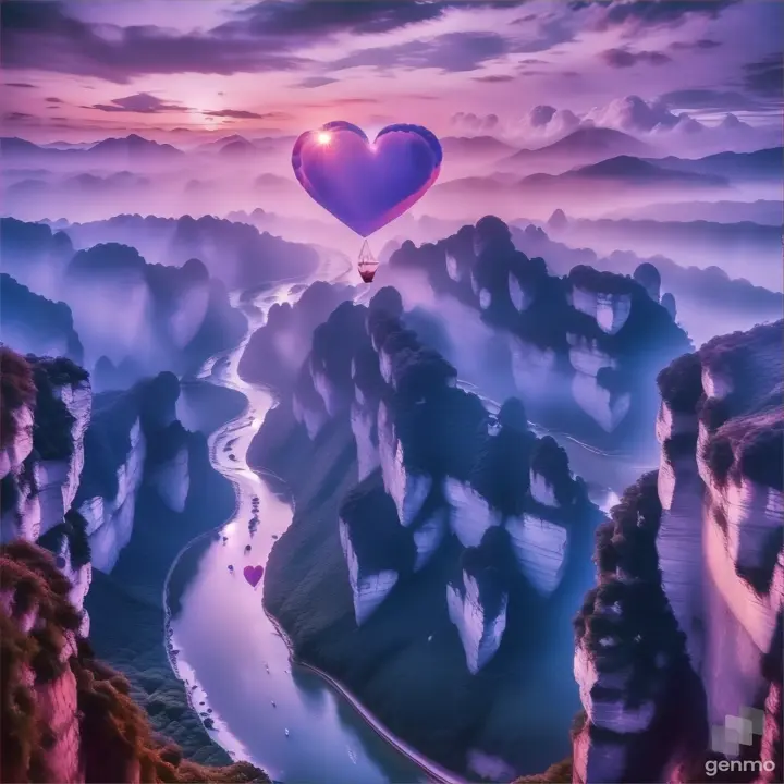 a heart shaped balloon flying over a river