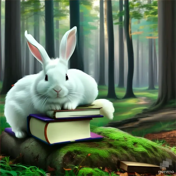 a white rabbit sitting on top of a book in a forest