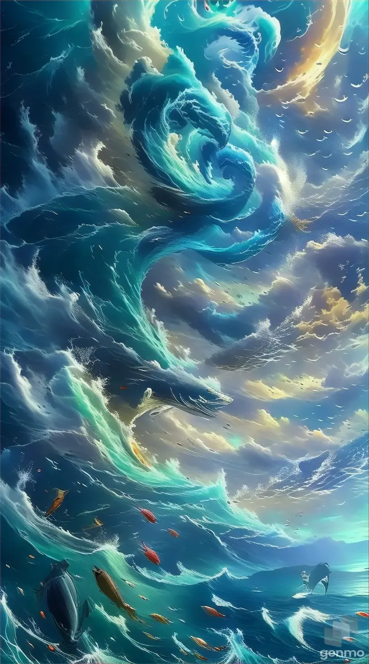 Painting of large fish smack in the middle of a swirling whirlpool caused by an incoming storm