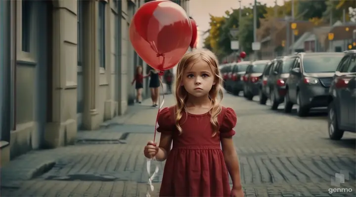 a little girl in a red dress close her eyes holding a red balloon