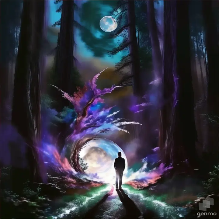 a man standing in the middle of a forest under a full moon